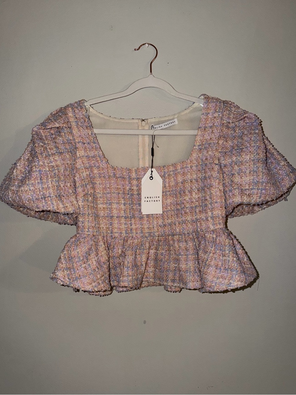 English Factory Pastel Tweed Puff Sleeve Peplum Top NWT